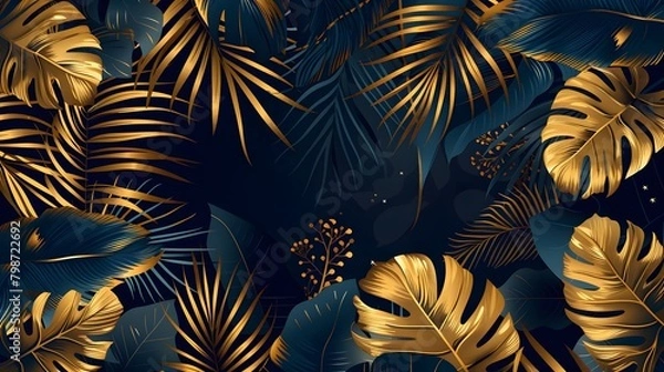 Fototapeta The original pattern with gold tropical leaves on night background. Vector design. Jungle print. Textiles and printing. Exotic illustrations, foliage elements isolated. nature wallpaper decorative