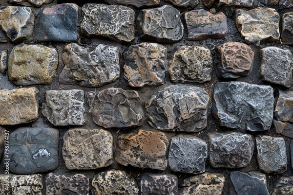 Fototapeta Textured surface of cobbled stones, showcasing their irregular shapes and worn surfaces. Cobbled stone textures offer a classic and timeless backdrop