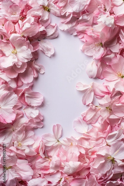 Fototapeta Delicate texture of cherry blossom petals around the frame, with a blank space in the center, showcasing their softness and pastel hues. 