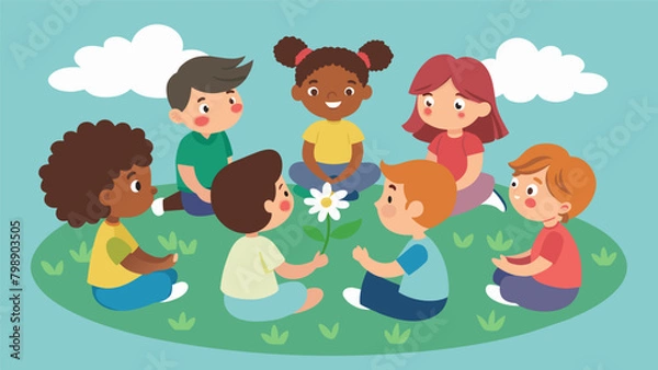 Fototapeta A group of children sit in a circle on a grassy field each one holding a flower as they take turns sharing their own personal definition of freedom. Vector illustration