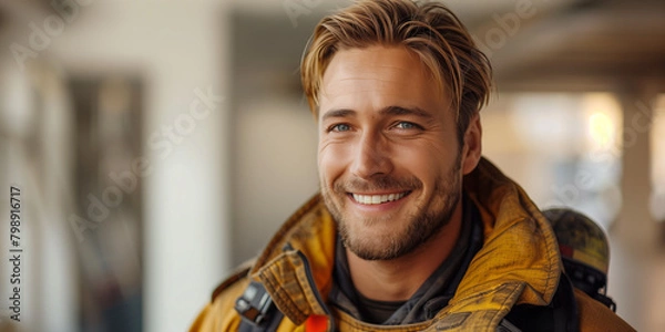 Fototapeta A fireman in a firemans uniform smiling at the camera on a white background banner