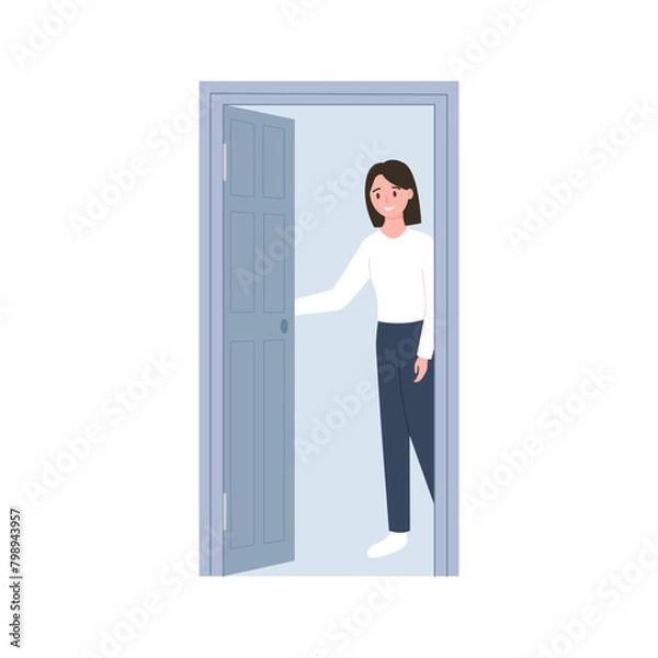 Fototapeta Young woman opening gray door, female character standing in doorway for meeting vector illustration