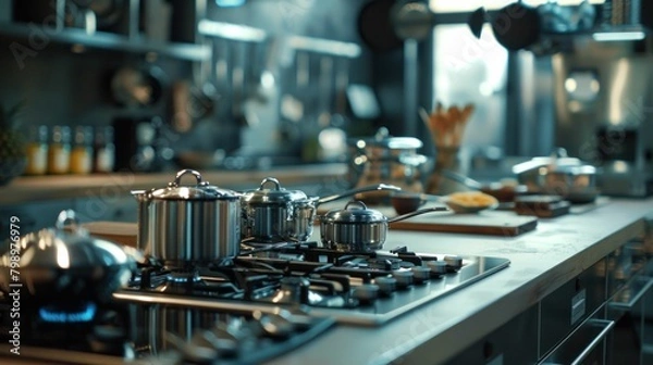 Fototapeta Messy and cluttered kitchen stove top filled with pots and pans, utensils, and kitchen tools in a busy household