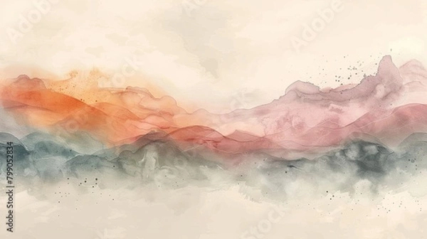 Fototapeta An abstract watercolor painting of a mountain landscape in shades of pink, orange, and blue.