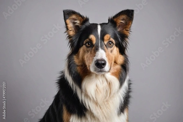 Fototapeta Portrait of Collie dog looking at camera, copy space. Studio shot.