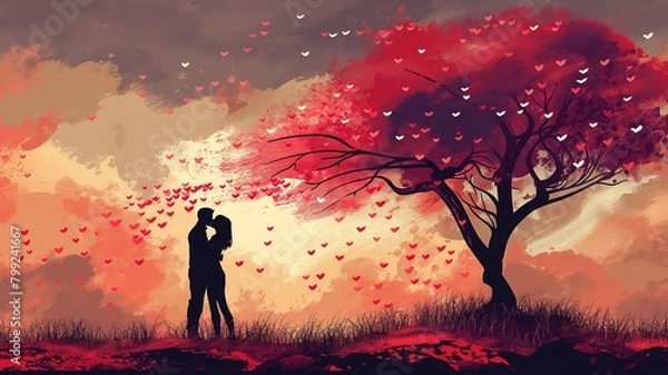 Fototapeta Romantic Couple Sharing a Kiss Under a Heart-Leaves Tree at Sunset