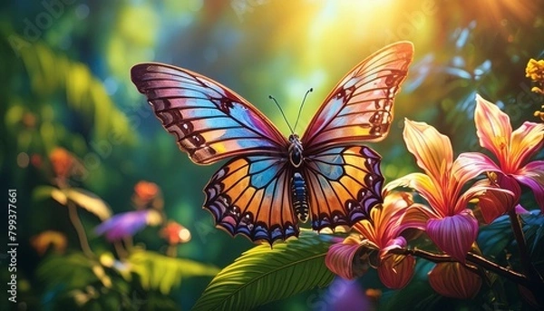 Obraz A vividly colored butterfly with oversized wings resting on a tropical flower, 