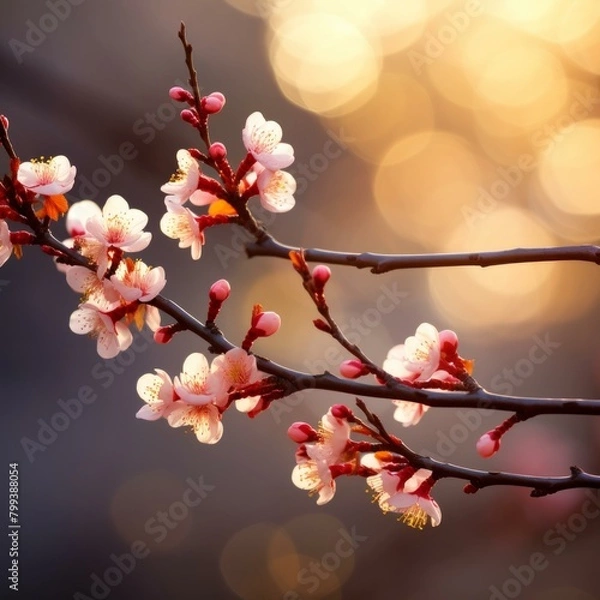 Fototapeta Close-up image of a cherry blossom branch with delicate pink and white flowers against a blurred background