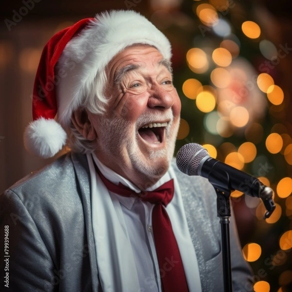 Fototapeta An old man wearing a Santa hat is singing into a microphone