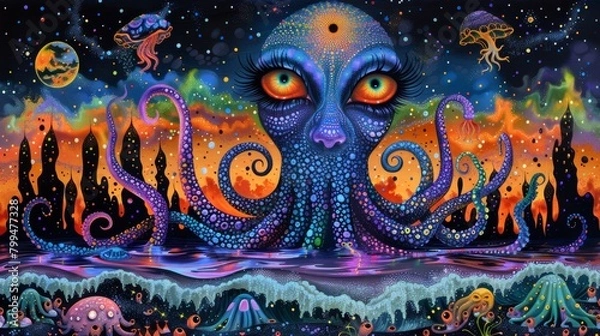 Fototapeta A painting of an octopus with glowing eyes and tentacles, AI