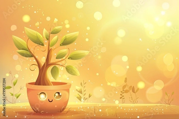 Fototapeta Vector Tree Pot in Whimsical Cute Spring Scene with Shimmering Highlights