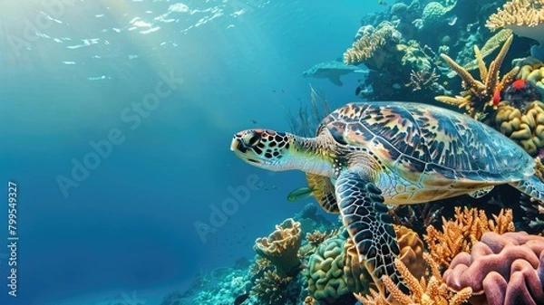 Fototapeta Sea turtle swimming near coral reef in clear blue ocean water