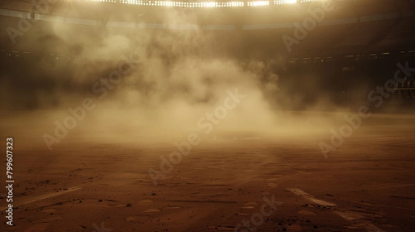 Fototapeta A baseball field with a lot of smoke and dust. The field is empty and the lights are on