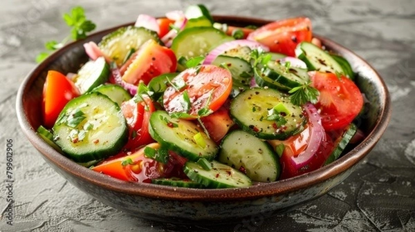 Obraz High-resolution image of a classic Greek salad, focusing on the lush green cucumbers and red tomatoes, with a tangy touch of red onion, studio isolated backdrop