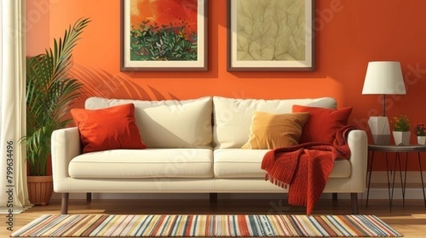 Fototapeta Living Room Sofa Coziness: A vector illustration depicting a cozy living room setting with a warm