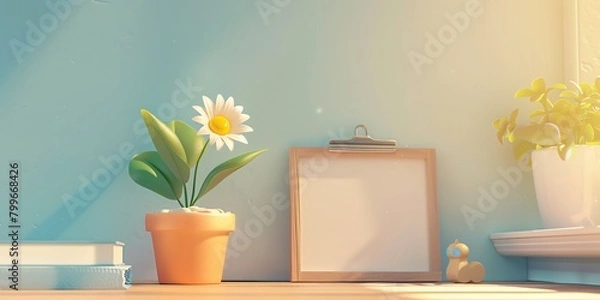 Fototapeta 
a toy flower pot next to a small toy analytics whiteboard, in the style of playful cartoonish illustrations, rendered in unreal engine, minimalist palette, background