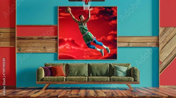 Fototapeta Dynamic basketball poster in red and blue, suited for a living room with a green couch.