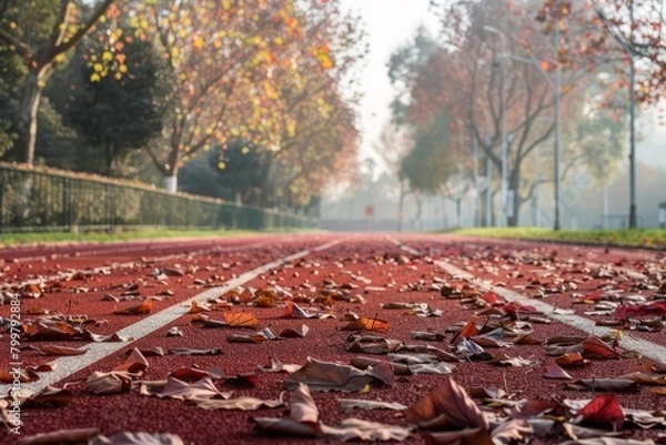 Fototapeta Picture an empty training ground on a crisp autumn morning, the leaves turning shades of red and gold, the air filled, Generative AI