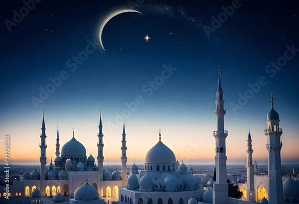 Fototapeta a city scape with mosque buildings and crescent moon in the night starry skies