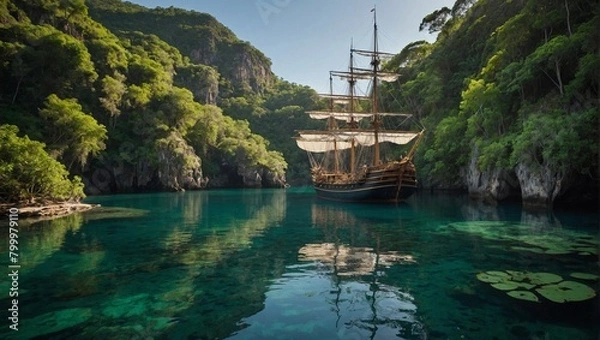 Fototapeta a serene scene of a VOC ship peacefully anchore