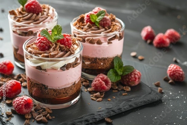 Fototapeta Chocolate mousse or pudding in portion glasses with fresh berries. Chocolate dessert in glasses .  Recipe of festive retro dessert. Restaurant and cafe menu concept, dark background