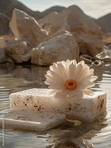 Fototapeta Product photography of mirror with stand, white and silver metallic texture style. A khaki flower floats on the water with two marble blocks, top view with clean background. High resolution photograph