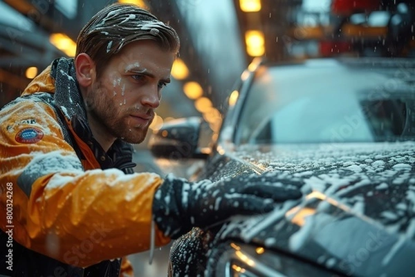 Fototapeta A car wash attendant meticulously hand-drying a luxury sedan, leaving no streaks or water spots