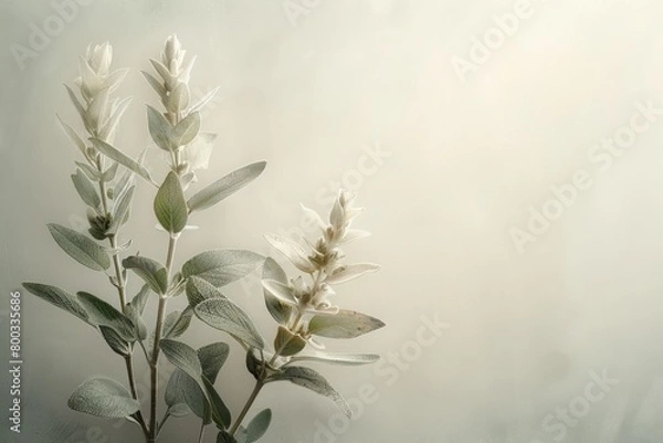 Fototapeta Sage and oregano, purity of the spices, Silver-leaved plant, delicate flowers, soft lighting, pastel backdrop, minimalist composition, subtle elegance, symbol of purity, still life.