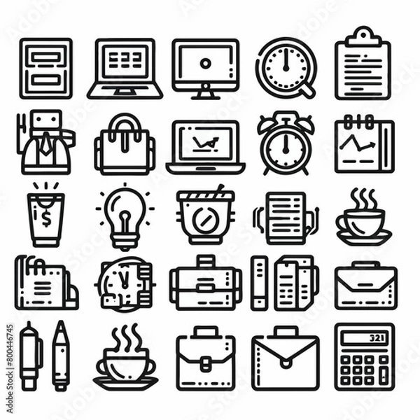 Obraz outline office set icon silhouette vector illustration white background. office, workspace, coworking. Linear icon collection