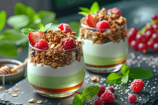 Fototapeta Matcha Yogurt Parfait: Dessert made of Greek yogurt layered with matcha-infused granola, fresh berries, and honey.