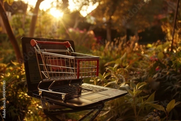 Fototapeta E-commerce concept. shopping cart on laptop keyboard in beautiful garden during sunset