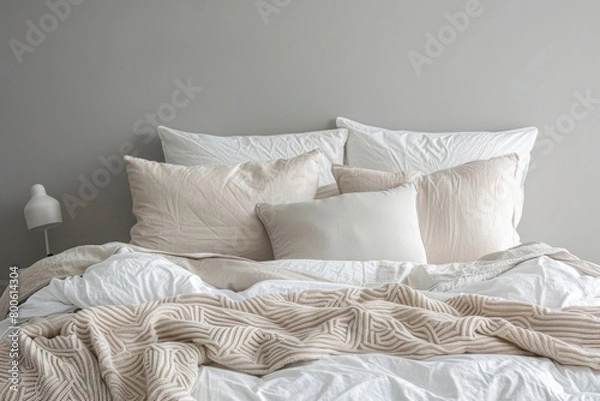 Fototapeta Comfortable bed with white linens, pillows, and a blanket in a cozy bedroom