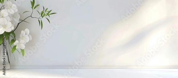 Fototapeta The background is a plain white wall with decorative vases and plants on the table