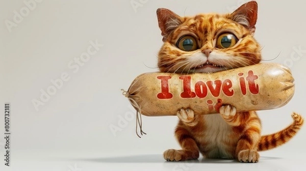 Fototapeta The cat is holding a big sausage with the inscription " I love it ". White background.