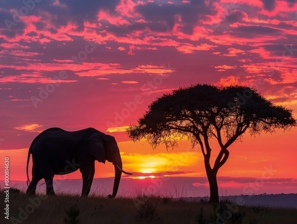 Fototapeta A breathtaking image of a large herd of elephants walking across the savanna at sunset, with a vibrant orange sky in the background.