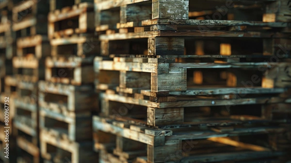 Fototapeta Piles of Sturdy Wooden Pallets in Industrial Setting