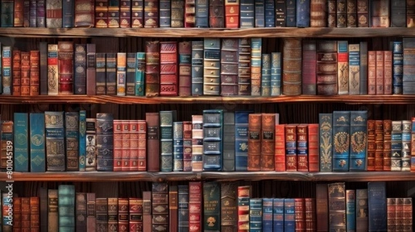 Fototapeta Mysterious Library Bookshelf background with many Antique Books arranged