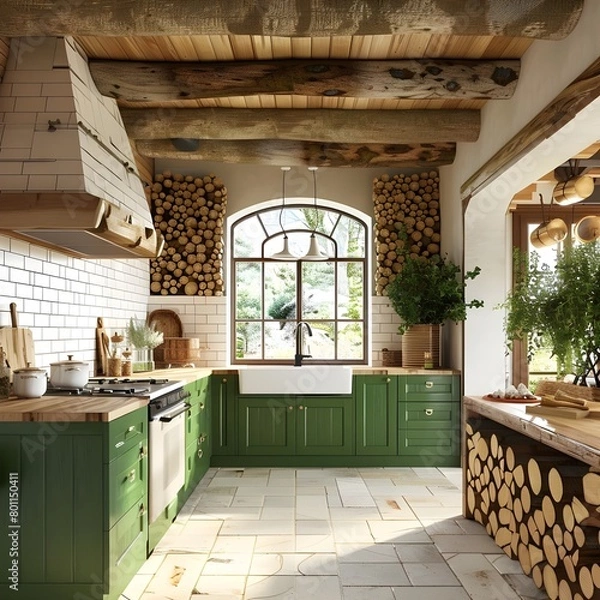 Fototapeta interior of kitchen in a house, A small kitchen in a rustic style , Kitchen in a modern style with a light worktop with sink stove oven kitchen utensils.