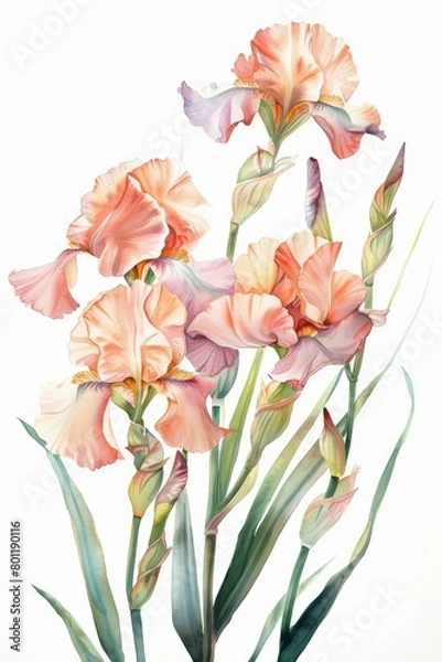 Fototapeta :Botanical watercolor illustration. Royal irises,  on a white background.