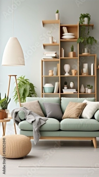 Fototapeta A Stylish Living Room With A Comfy Green Couch