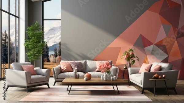 Fototapeta Modern living room interior with two sofas and pink accents