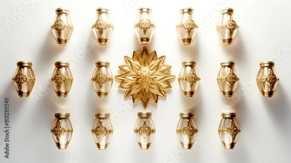 Fototapeta A top-down view of a lineup of opulent gold water bottles arranged symmetrically on a smooth white surface