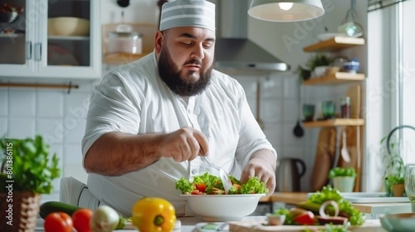 Fototapeta A focused overweight male chef in traditional white attire seasoning a salad in a sunny kitchen.