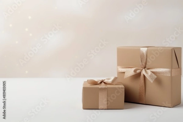 Fototapeta Elegant golden gift boxes with satin ribbons on light background