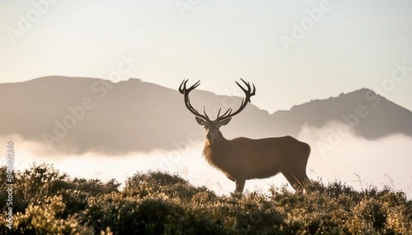 Fototapeta red deer stag silhouette in the mist