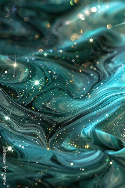 Fototapeta Vibrant jade marble ink swirling enchantingly amidst a mystical abstract backdrop, twinkling with luminous glitters.