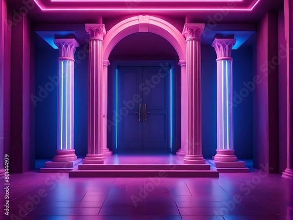 Fototapeta  Ancient Greek-style pillars three podiums and a door on blue pink violet neon, ultraviolet light, night club empty room interior design, tunnel or corridor, glowing panels 