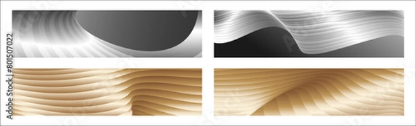 Fototapeta Wavy silver and gold parallel gradient lines, ribbons, silk. Set of 4 backgrounds. Black and white with shades of gray or golden silk. Banner, poster. eps vector