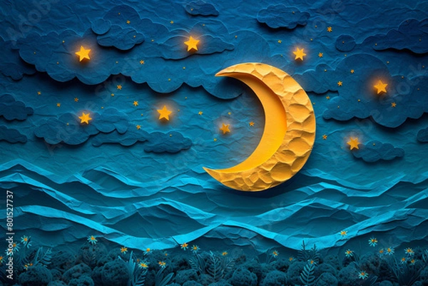 Fototapeta Paper crescent moon and stars in the night sky