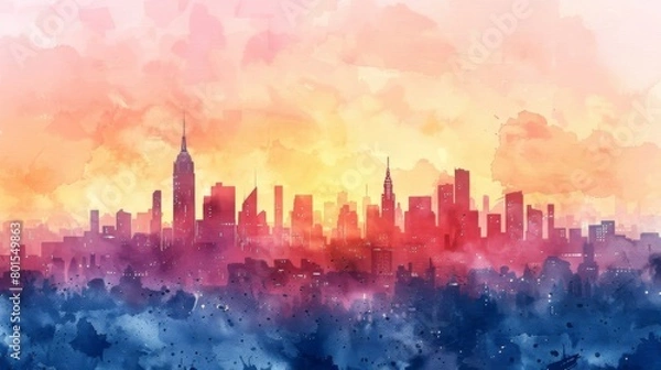 Fototapeta Colorful watercolor painting of the New York City skyline at sunset.